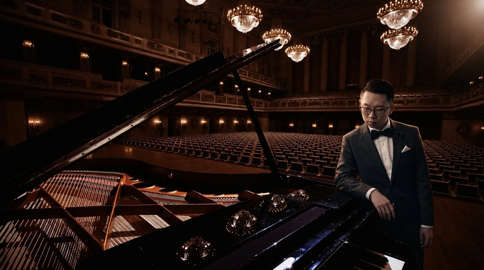 Eric Xi Xin Liang standing at an open grand piano on the stage of an empty concert hall.
